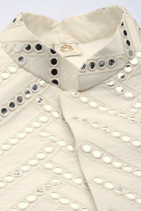 VASTRAMAY Cream Mirror Work Indo Western Baap Beta Set